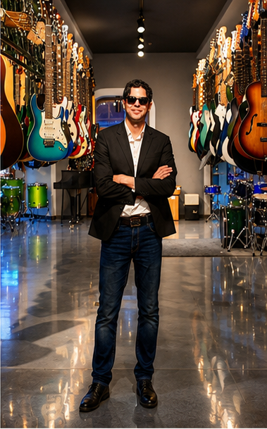 Houssam in a guitar showroom